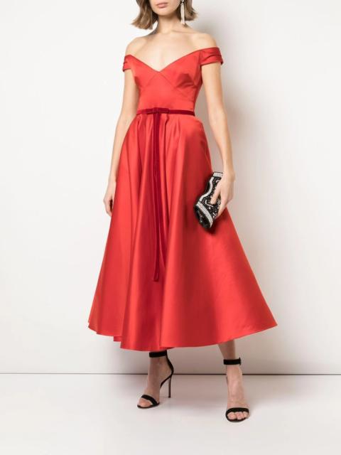 Marchesa OFF-THE-SHOULDER SATIN CORSET TEA LENGTH MIDI GOWN