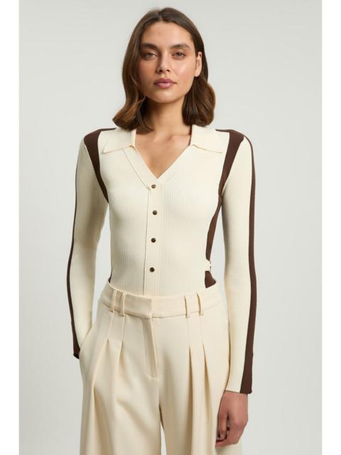 KAREN MILLEN Viscose Rib Contrast Colour Button Knit Top
