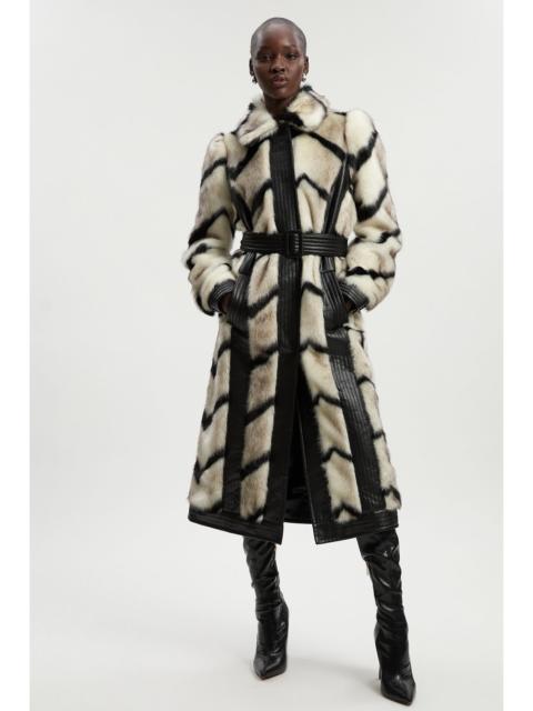 KAREN MILLEN Panelled Stripe Faux Fur Pu Belted Long Coat