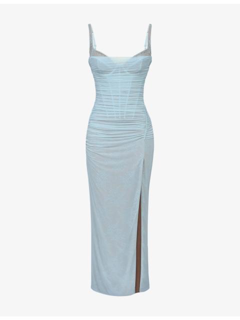 House of CB Lini Corset-Bodice Stretch-Mesh Maxi Dress