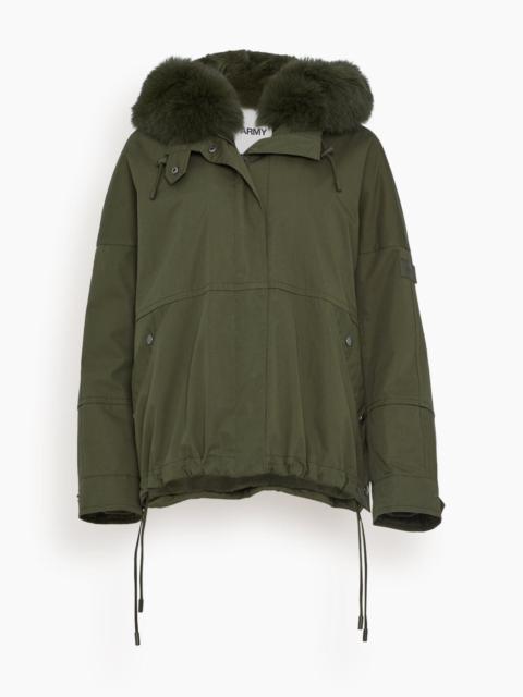 Cotton Parka Coat with Rabbit/Fox Trim in Hunter Green