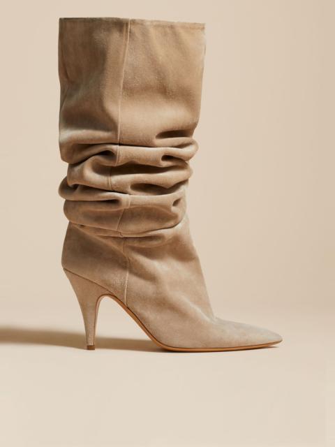 KHAITE The River Knee-High Boot in Beige Suede