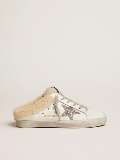 Golden Goose Super-Star Sabots in white leather with silver glitter star and shearling lining