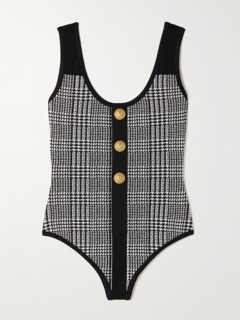 Balmain Embellished Prince Of Wales Checked Stretch-knit Bodysuit