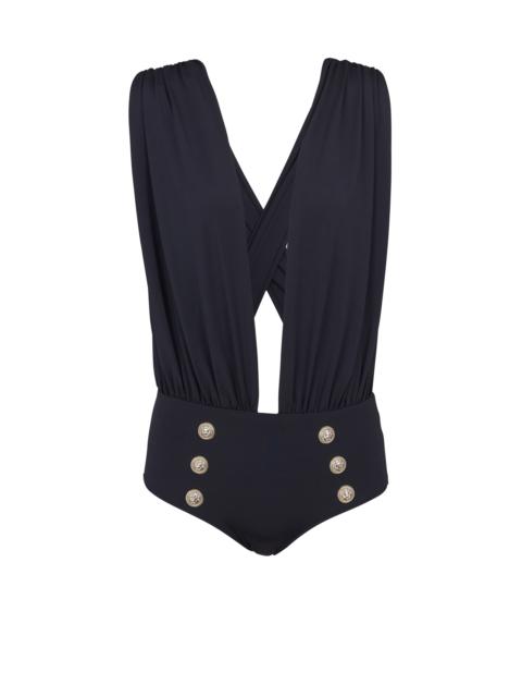 Balmain Draped swimsuit with embossed buttons