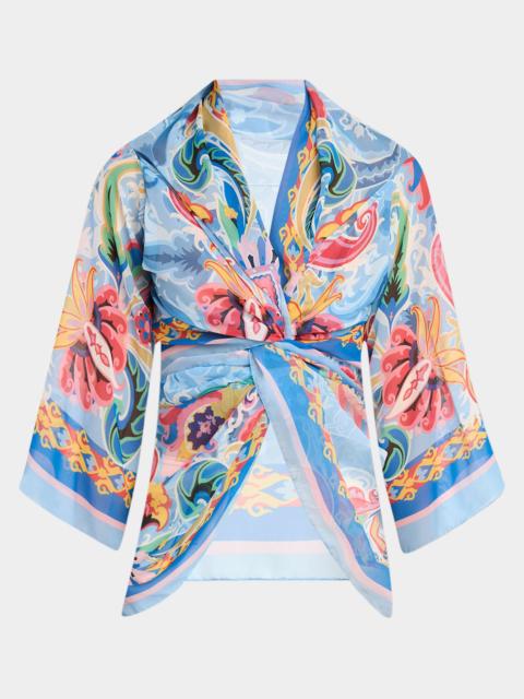 Etro Blue Summer Artwork Silk Wrap Cape