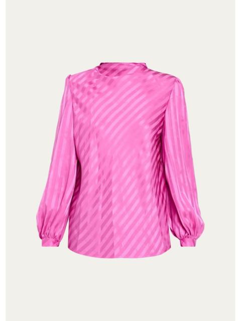 Valentino V-Logo Striped Silk Jacquard Long-Sleeve Blouse