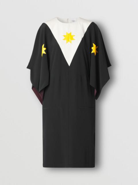 Burberry Cape Sleeve Geometric Print Silk Crepe de Chine Dress