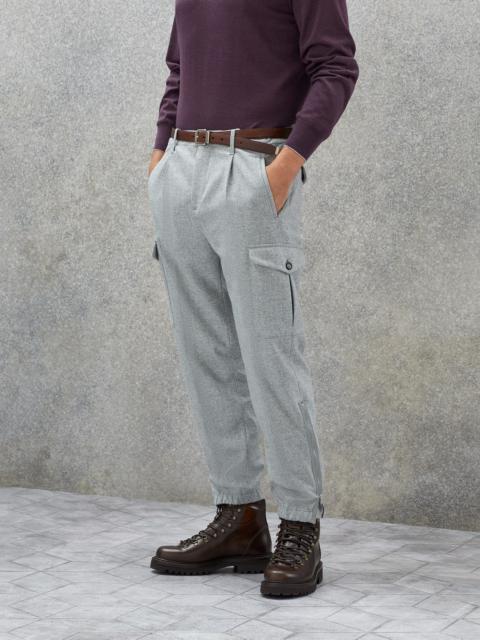Virgin wool chevron ergonomic fit trousers with pleats, cargo pockets and zipper cuffs
