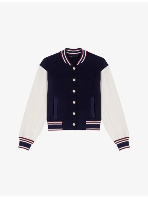 maje Ribbed-Collar Two-Tone Wool Bomber Jacket
