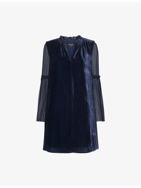 WHISTLES Frill-Neck Sheer-Sleeve Velvet Mini Dress