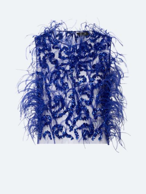 LAPOINTE Sequin & Feather Embroidery Cropped Tank