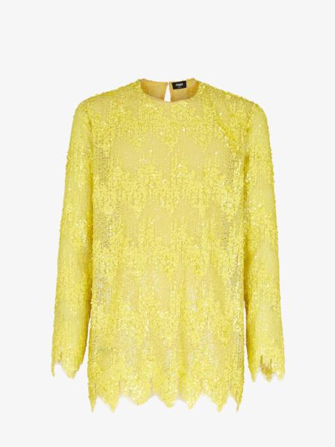 FENDI Straight-cut, crewneck T-shirt with long sleeves with asymmetric edges. Embroidered all over with ye