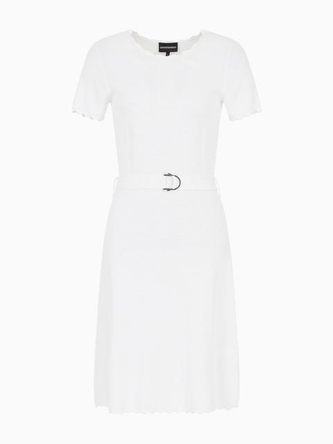 Moss-stitch knit flared dress with belt