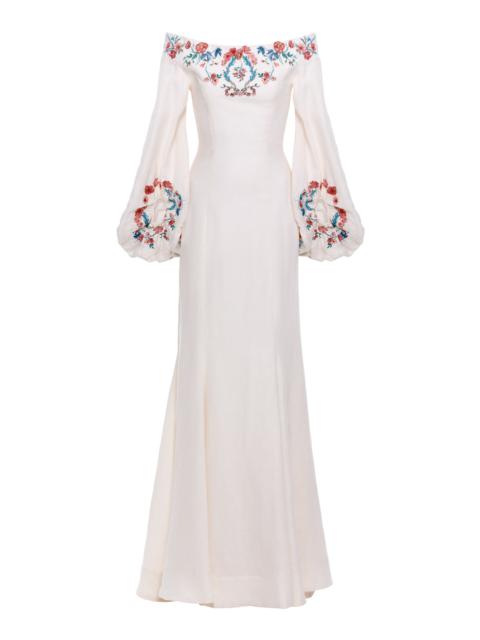 Peccana Embroidered Silk Maxi Dress ivory