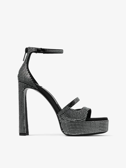 JIMMY CHOO Claressa Platform 125 Black Satin Crystal Platform Sandals