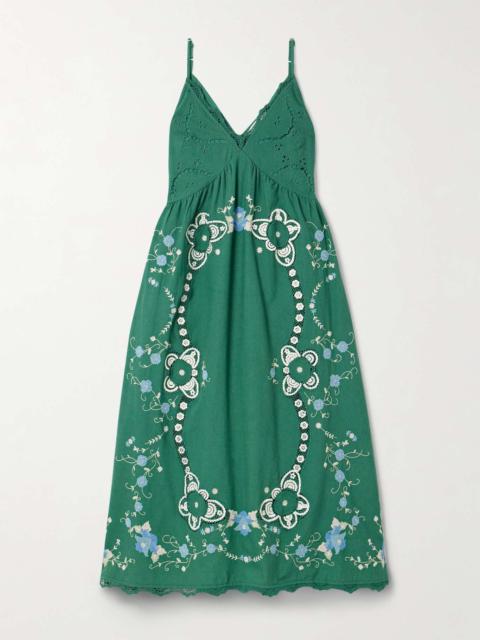 Sea Vesna lace-trimmed broderie anglaise cotton and linen-blend midi dress Green
