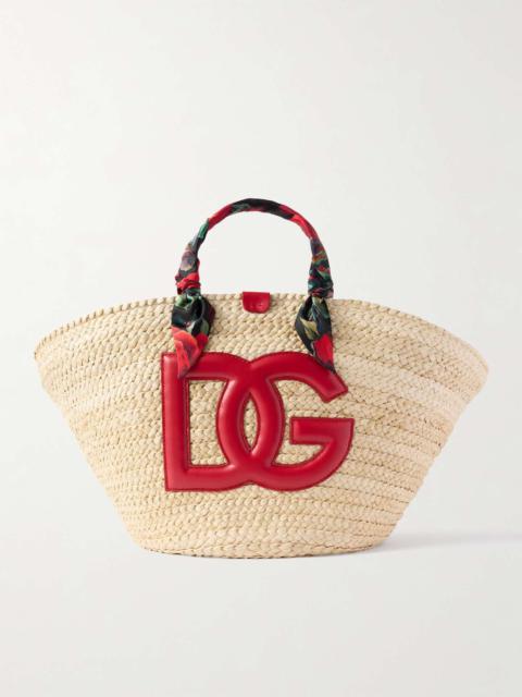 Dolce & Gabbana Kendra leather and floral-print satin twill-trimmed raffia tote Beige