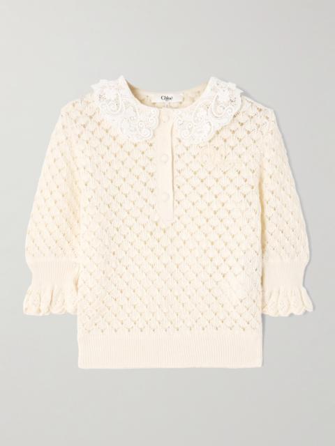 Chloé Lace-trimmed Cotton, Alpaca And Silk-blend Polo Sweater