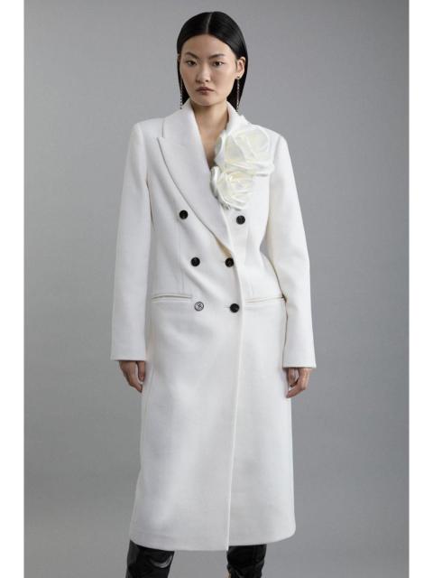 KAREN MILLEN Wool Blend Rosette Detailed Double Breasted Tailored Maxi Coat