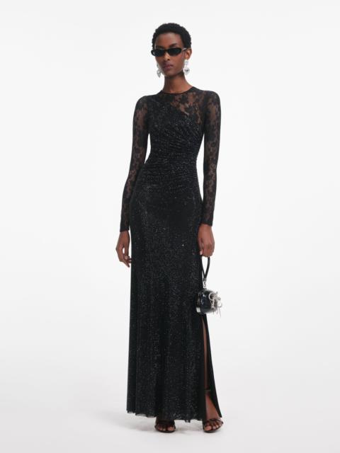 self-portrait Black Rhinestone Lace Sleeves Maxi Dress