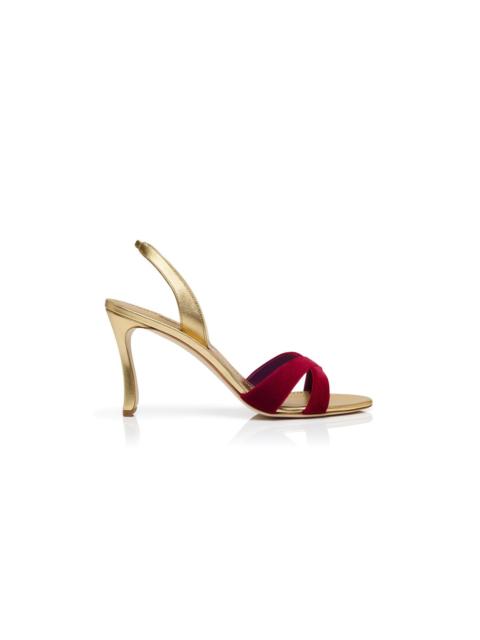 Manolo Blahnik Dark Red Velvet and Gold Slingback Sandals