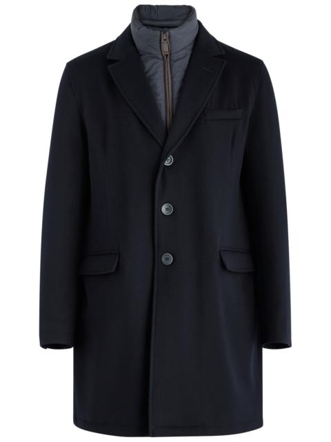 Quilted nylon-layered wool coat