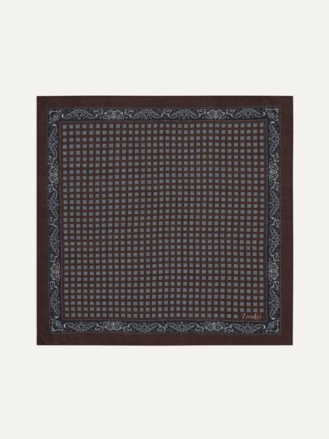 Drake's Brown Paisley Border Medallion Print Wool-Silk Pocket Square