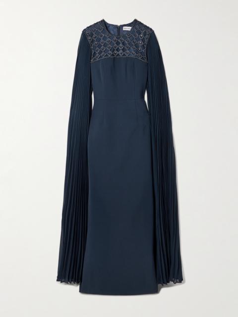 REBECCA VALLANCE Memphis Cape-effect Embellished Pleated Crepe Gown