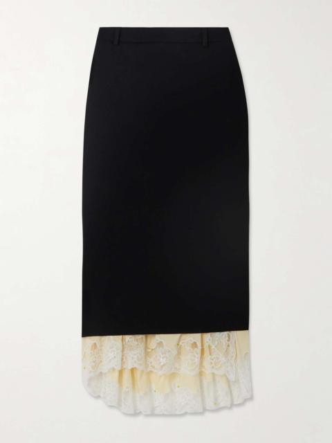 BALENCIAGA Stretch-jersey and lace-trimmed wool-gabardine midi skirt Black