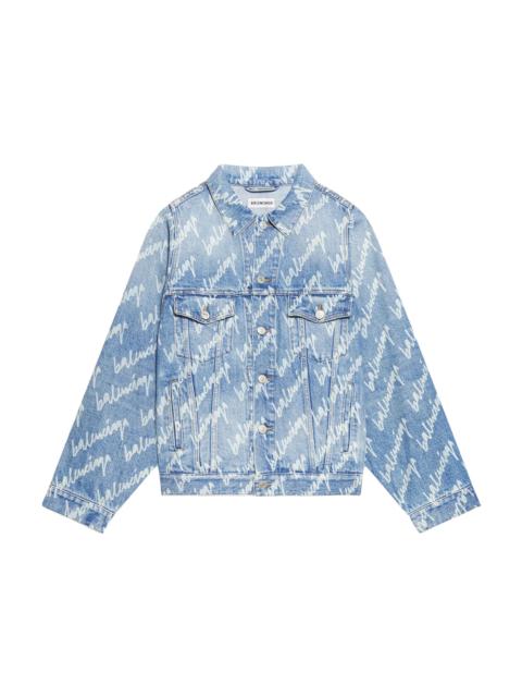 BALENCIAGA Balenciaga Womens All Over Logo Bell Sleeve Large Fit Denim Jacket Indigo/White