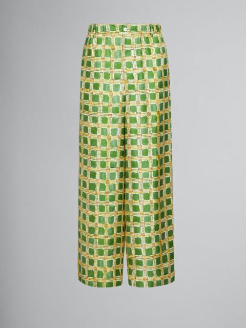 GREEN SILK TWILL TROUSERS WITH CHECK FIELDS PRINT