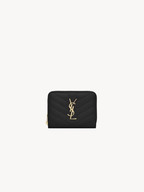 SAINT LAURENT monogram compact zip around wallet in grain de poudre embossed leather