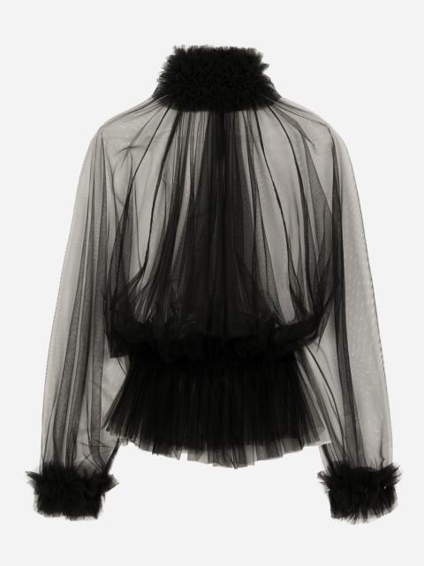 Tulle blouse with ruffles on the neck and cuffs