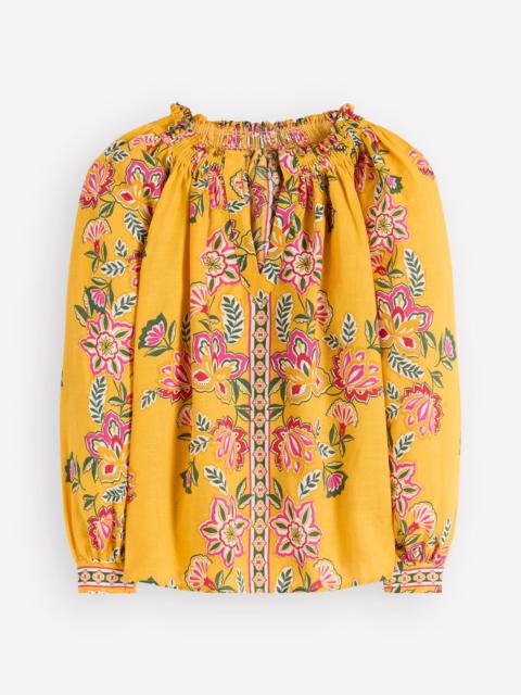 BODEN Serena Pleat Neck Linen Top-Marigold, Blossom Elegance