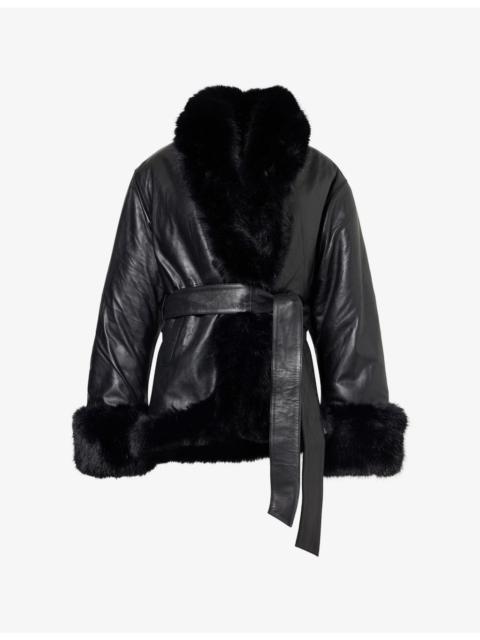 ROTATE Shawl-Collar Belted Leather Jacket