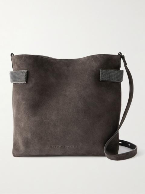 Brunello Cucinelli Bead-embellished suede shoulder bag Dark brown