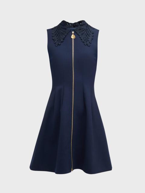 Oscar de la Renta Embroidered Fern-Collar Sleeveless Zip-Front Mini Dress
