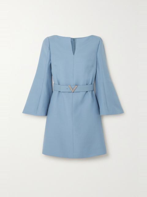 Valentino Crystal-embellished belted wool and silk-blend crepe mini dress