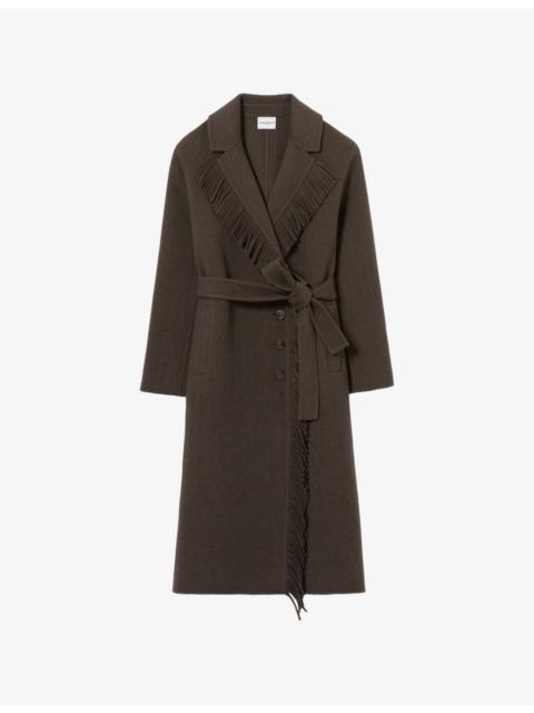 Claudie Pierlot Fringed Belted-Waist Long Wool-Blend Coat