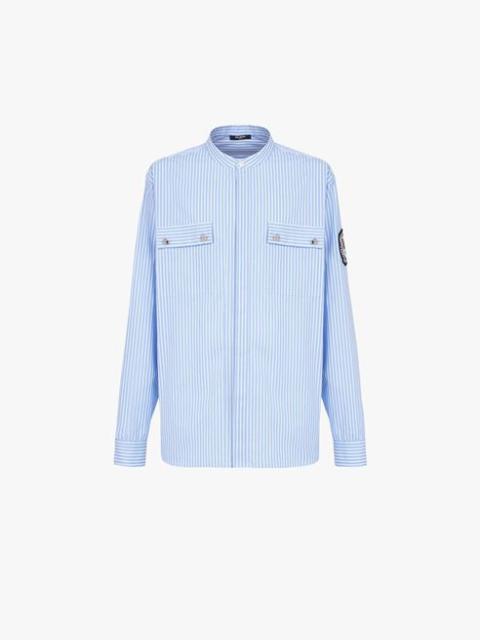 Balmain Striped pale blue cotton shirt with embroidered Balmain badge