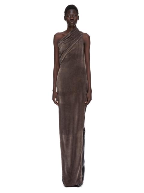 Rick Owens Athena Arrowhead one-shoulder draped crushed-velvet gown Brown