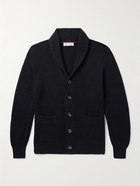 Brunello Cucinelli Shawl-Collar Ribbed Cotton Cardigan Black