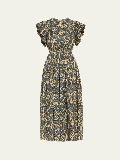 ULLA JOHNSON Kairi Flutter-Sleeve Midi Dress
