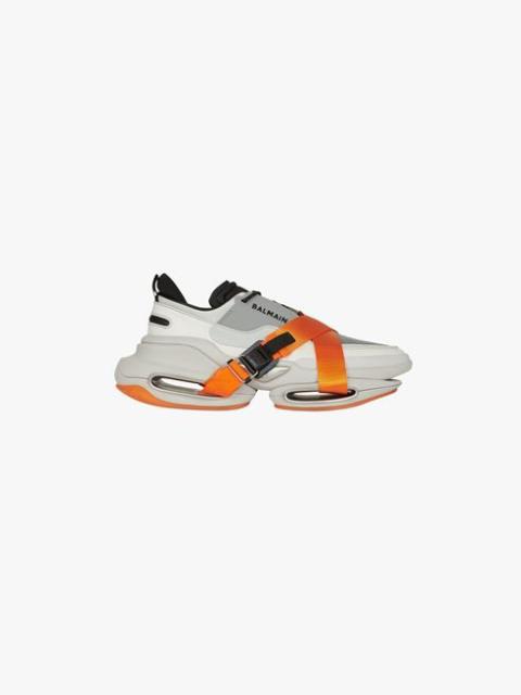 Balmain Gray and orange leather and knit B-Bold low-top sneakers with straps