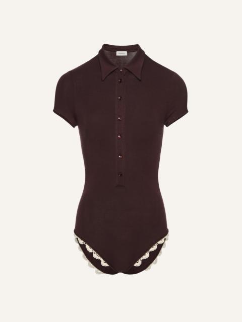 Lace-detail polo bodysuit in brown