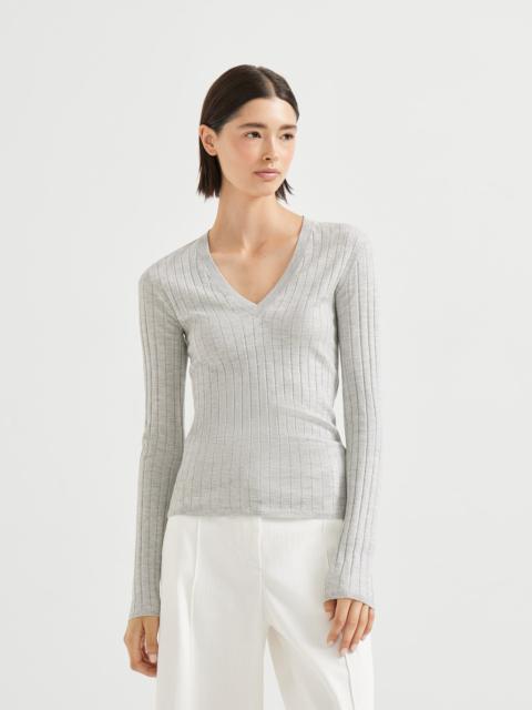 Sparkling cashmere and silk rib knit sweater