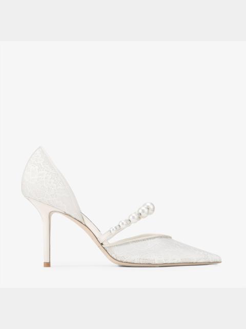 JIMMY CHOO Aurelie 85 Ivory Jimmy Choo Lace Pumps with Pearl Embellishment