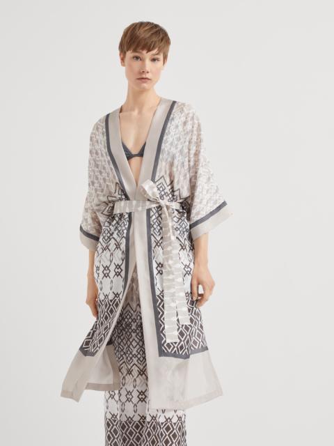 Silk ethnic print pongée kimono with monili