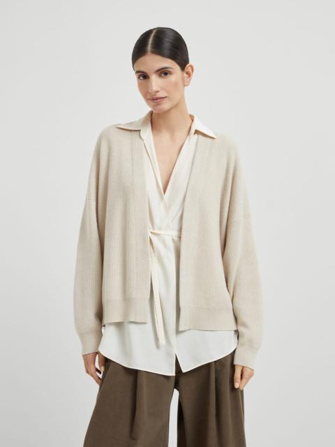 Brunello Cucinelli Cashmere English rib cardigan with detachable blouse and monili